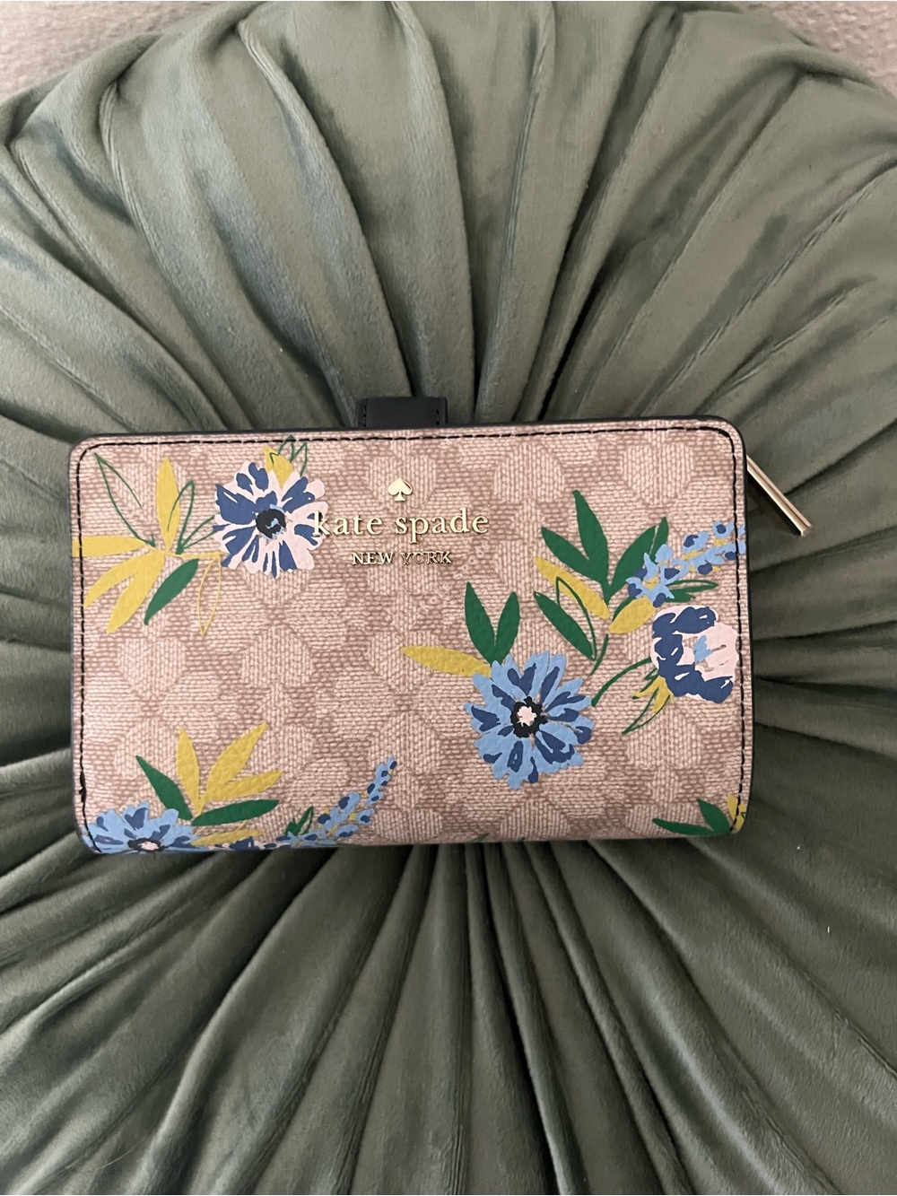 kate spade beige floral zip-around wallet with blue & green blooms